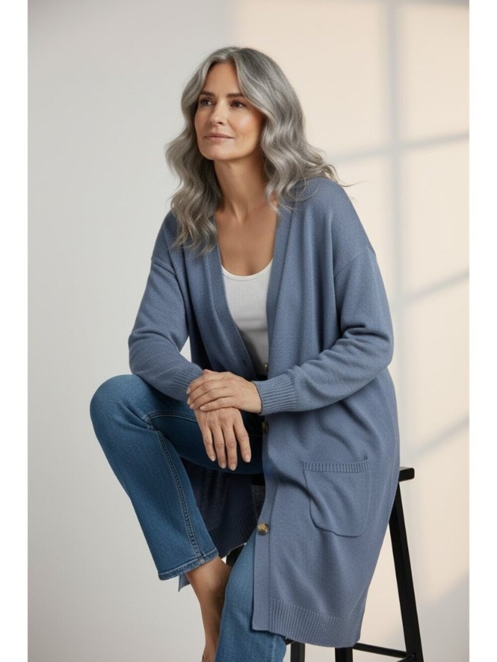 Talbots Linen Blend Long Cardigan Sweater Blue Button Front Duster Size Large